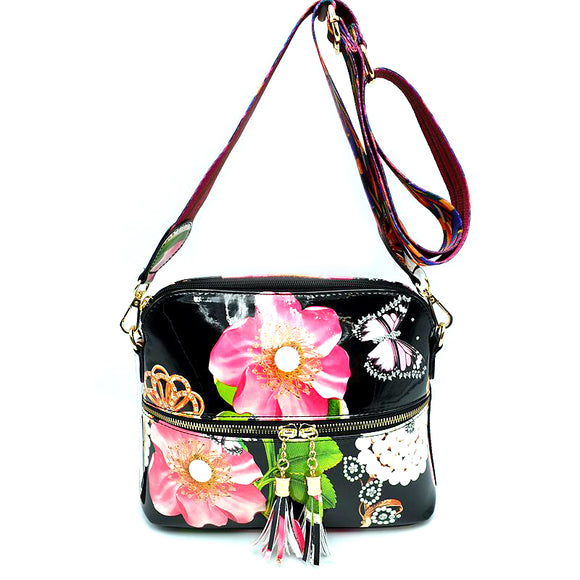Floral print glossy crossbody bag with fashion strap - black