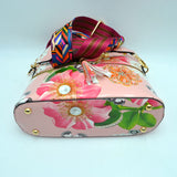 Floral print glossy crossbody bag with fashion strap - blush
