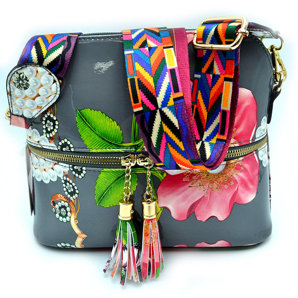 Floral print glossy crossbody bag with fashion strap - grey