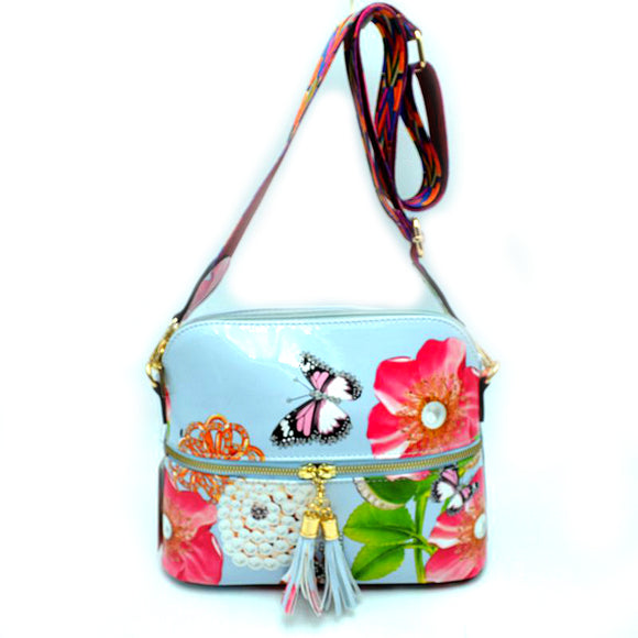 Floral print glossy crossbody bag with fashion strap - light blue