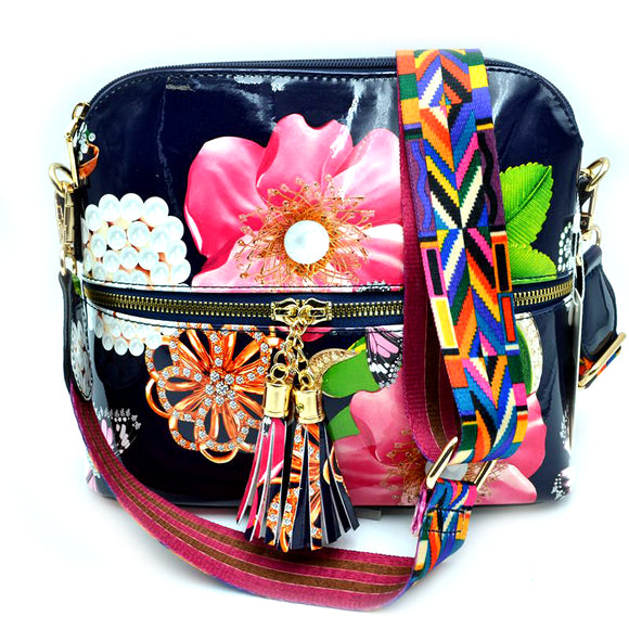 Floral print glossy crossbody bag with fashion strap - navy blue