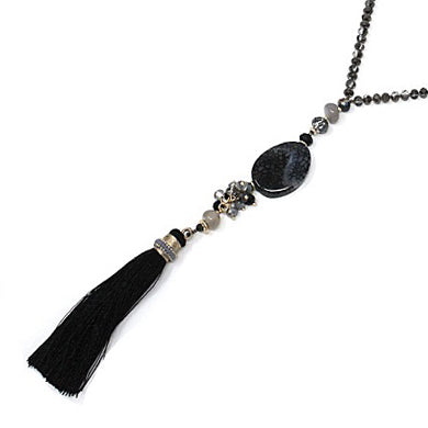 Semi precious w/ tassel necklace - black
