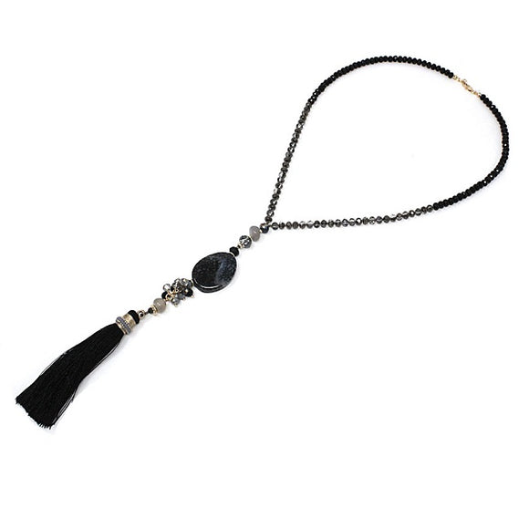 Semi precious w/ tassel necklace - black