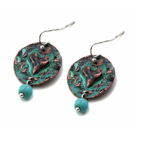 Heart on round disc earring - patina