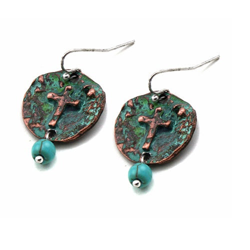 Cross on round disc earring - patina
