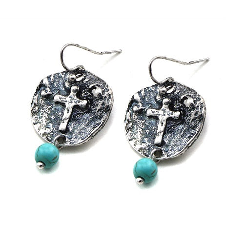 Cross on round disc earring - silver