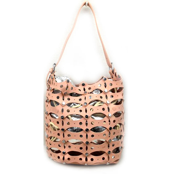 Studded laser cut handbag - blush