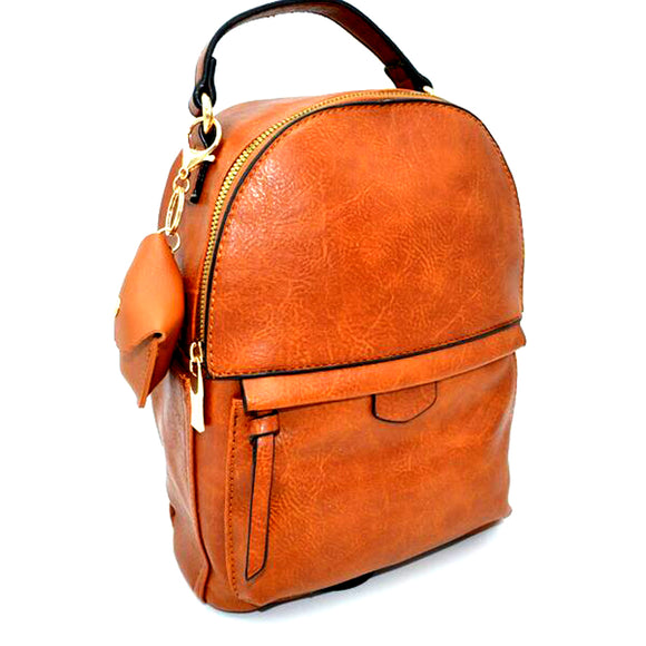 Leather backapack with sanitizer holder - brown
