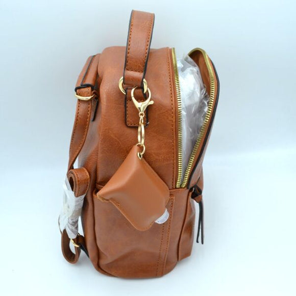 Leather backapack with sanitizer holder - brown