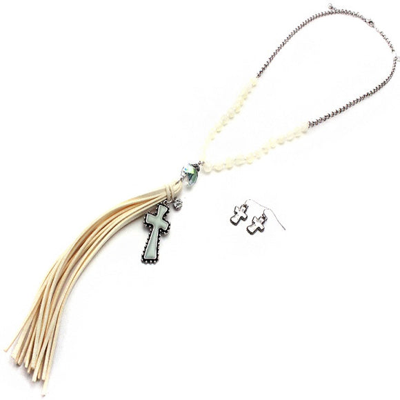 Cross w/ suede tassel necklace set