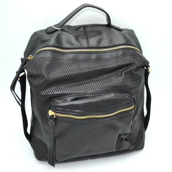 Laser cut detail leather backpack - black