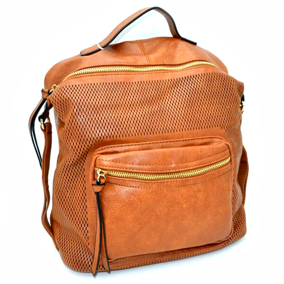 Laser cut detail leather backpack - brown