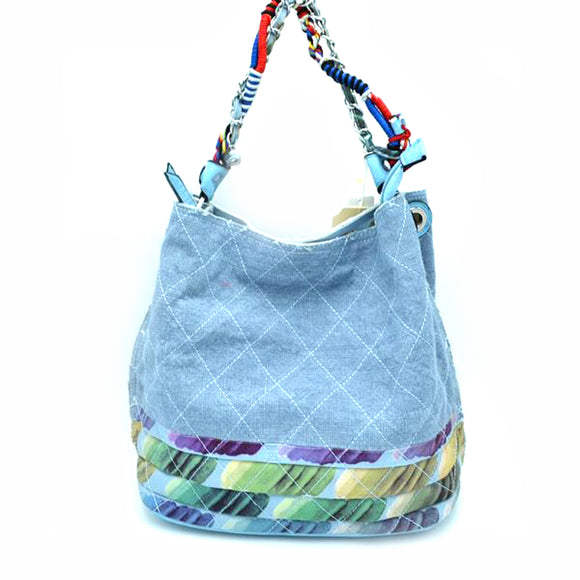 Quilted fabric & chain handle bucket bag - blue