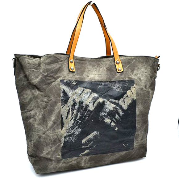 United hands print washed canvas tote - black