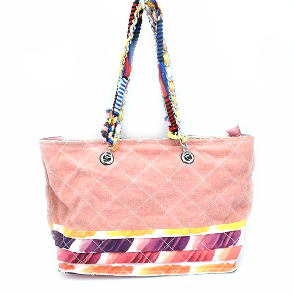 Quilted fabric & chain handle tote - pink