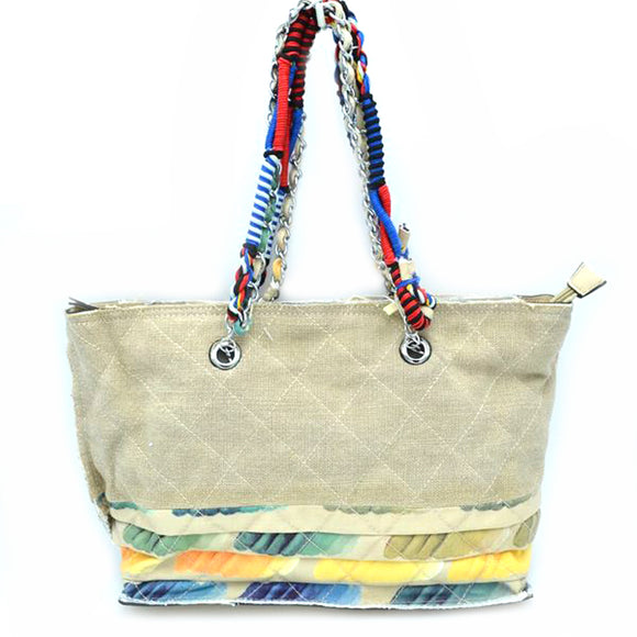 Quilted fabric & chain handle tote - stone
