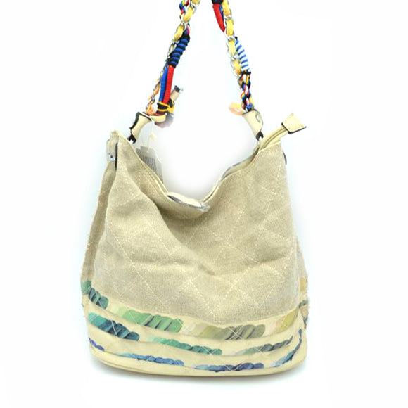 Quilted fabric & chain handle bucket bag - stone