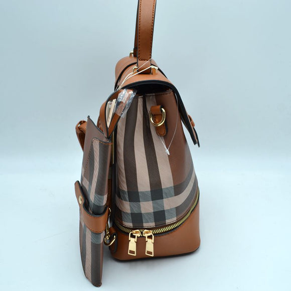 Stripe pattern backapck with pouch - black/tan