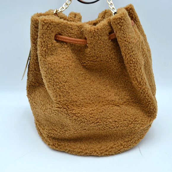 Drawstring fur bucket bag - brown