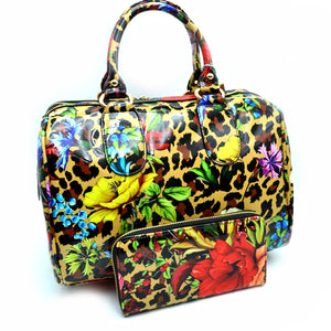 Glossy leopard & flower print boston bag - gold