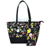 Floral print tote with wallet - black