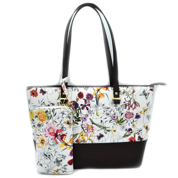 Floral print tote with wallet - coffee