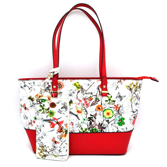 Floral print tote with wallet - red