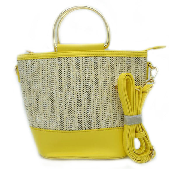 Straw & ring handle tote - yellow