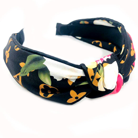 Fashion headband with floral print - black