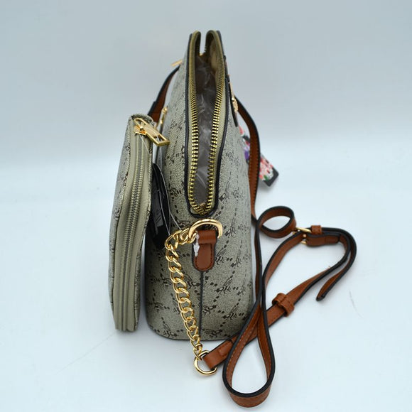 Queen bee monogram pattern chain crossbody bag with wallet - taupe