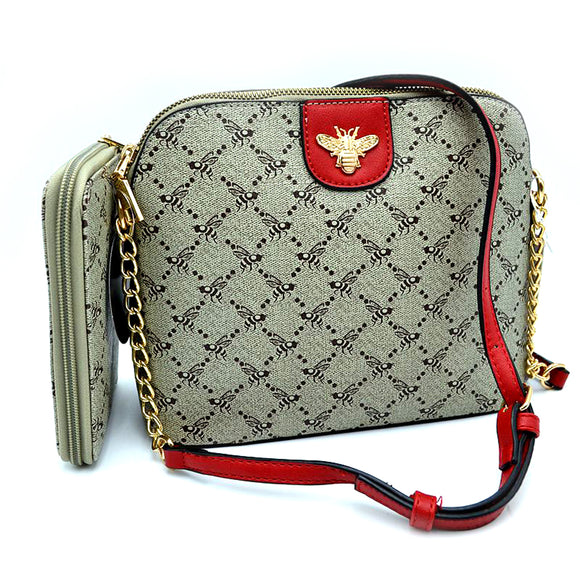Queen bee monogram pattern chain crossbody bag with wallet - red