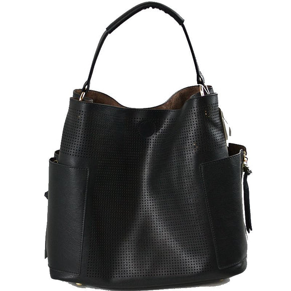 Laser cut single handle hobo bag with pouch - black
