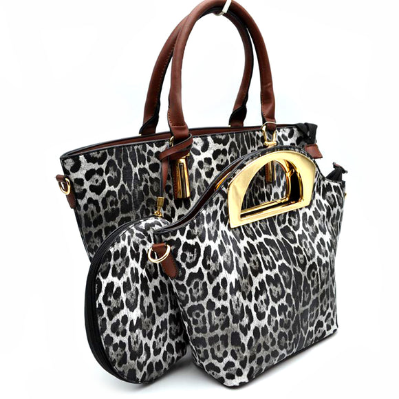 3-in-1 leopard pattern hand bag set - black