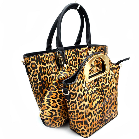 3-in-1 leopard pattern hand bag set - brown