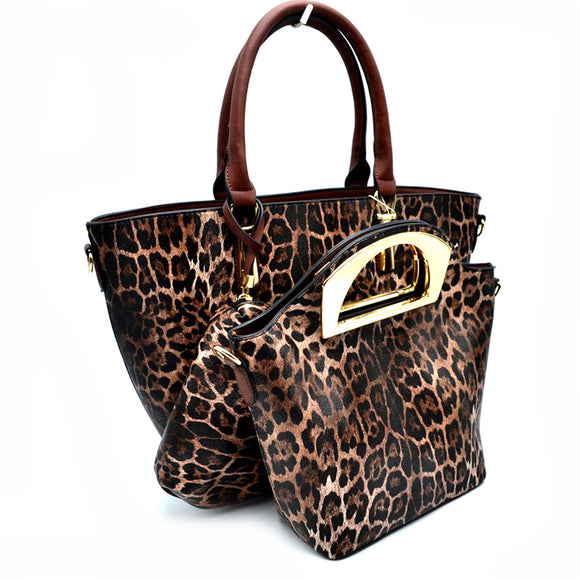 3-in-1 leopard pattern hand bag set - coffee