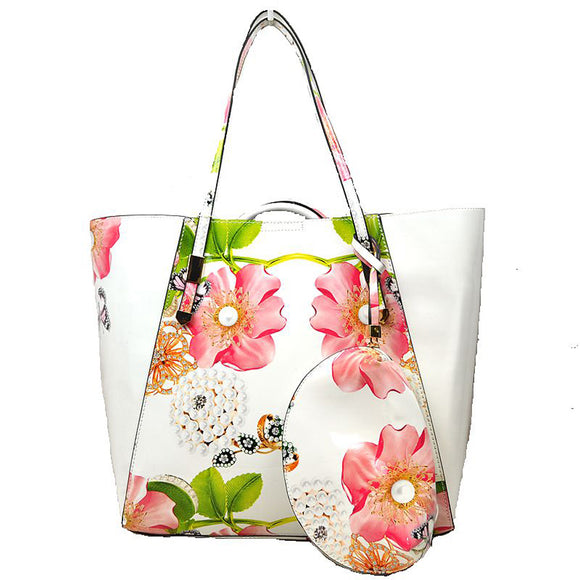 3 in 1 Floral & Pearl print tote set - white