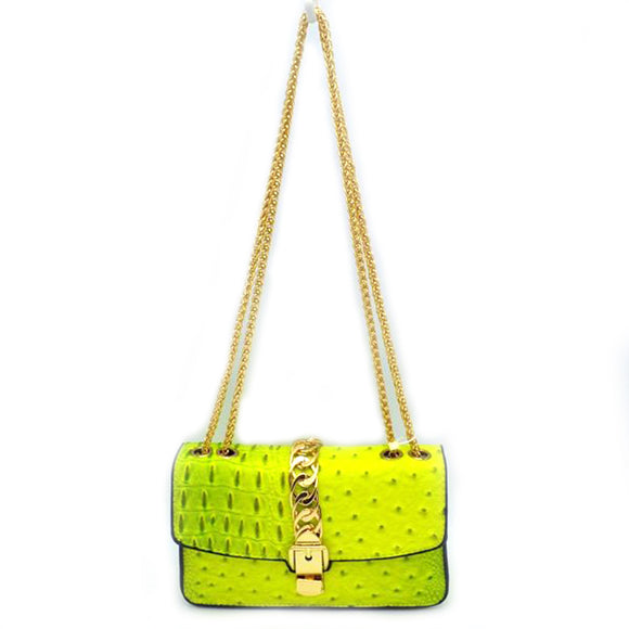 Crocodile textured chain shoulder bag - neon yellow