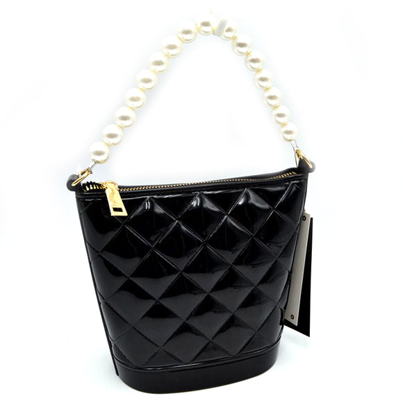 Small quilted glitter jelly pearl handle tote - black
