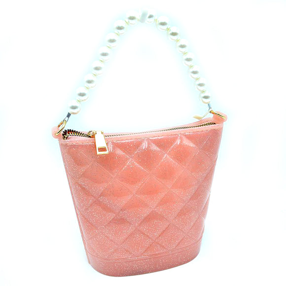 Small quilted glitter jelly pearl handle tote - blush