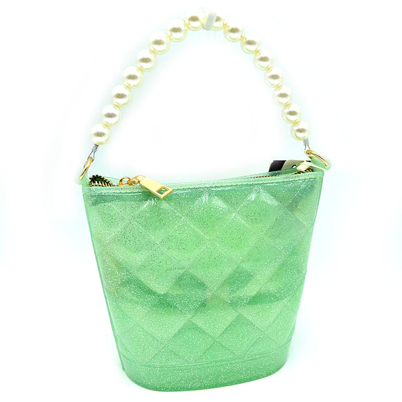 Small quilted glitter jelly pearl handle tote - mint