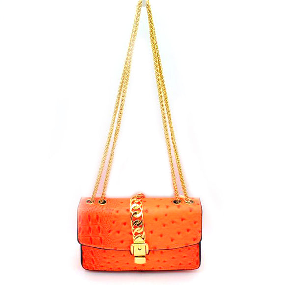 Crocodile textured chain shoulder bag - neon orange