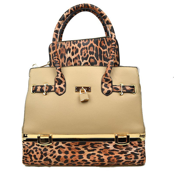 Leopard tote with wallet - taupe