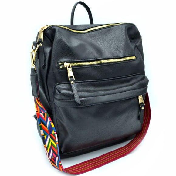 Leather backpack with colorful shoulder strap - black