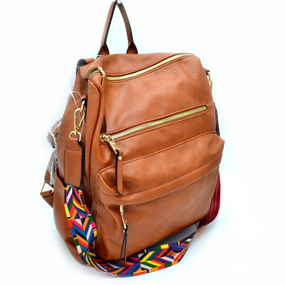 Leather backpack with colorful shoulder strap - brown