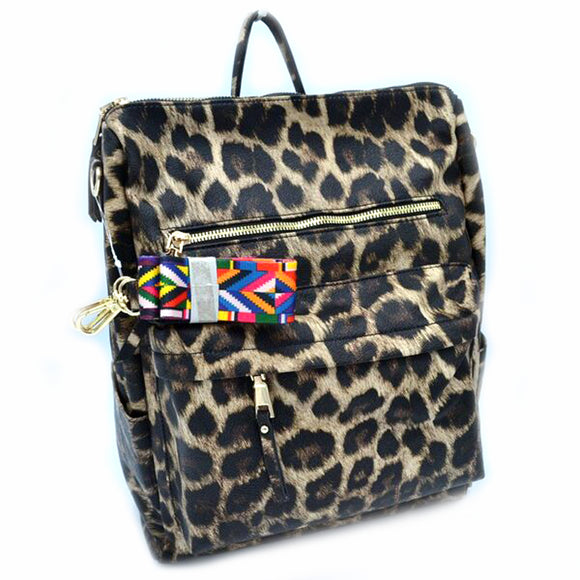 Leather backpack with colorful shoulder strap - leopard