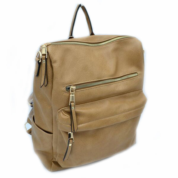 Leather backpack with colorful shoulder strap - tan