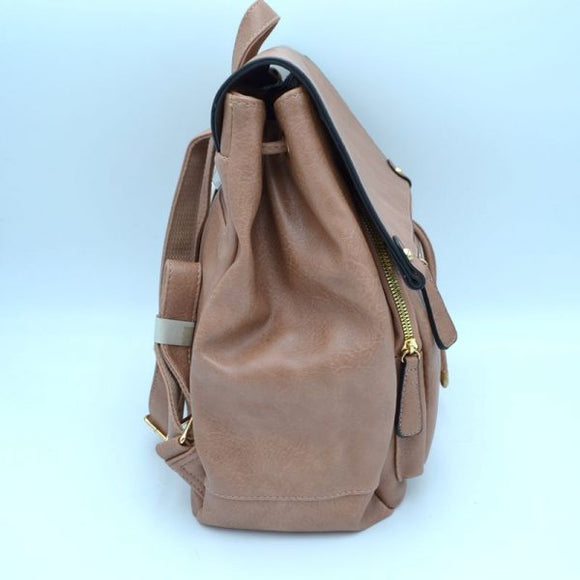 Drawstring & foldover leather backpack - taupe