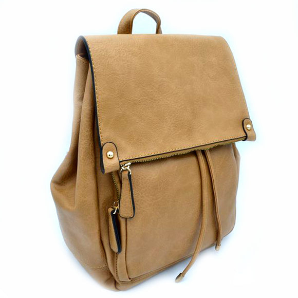 Drawstring & foldover leather backpack - taupe