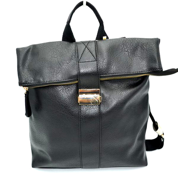 Roll over leather backpack - black