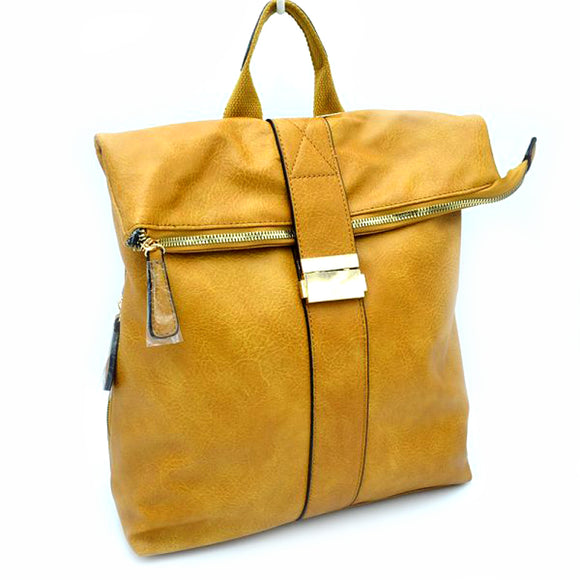 Roll over leather backpack - mustard